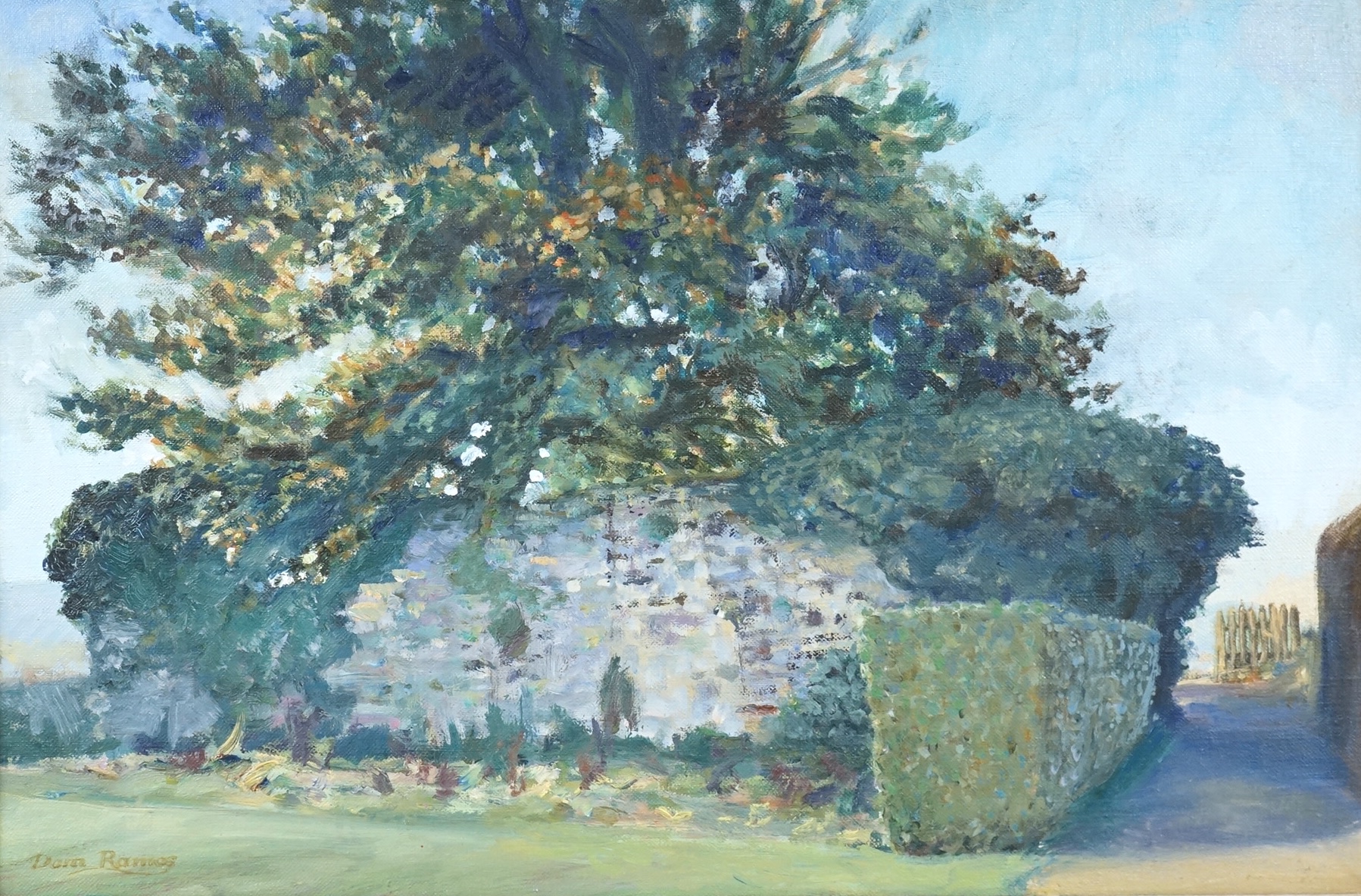 Dom Ramos (b.1966), ‘Priory Wall’, signed, oil on canvas, 28 x 43cm